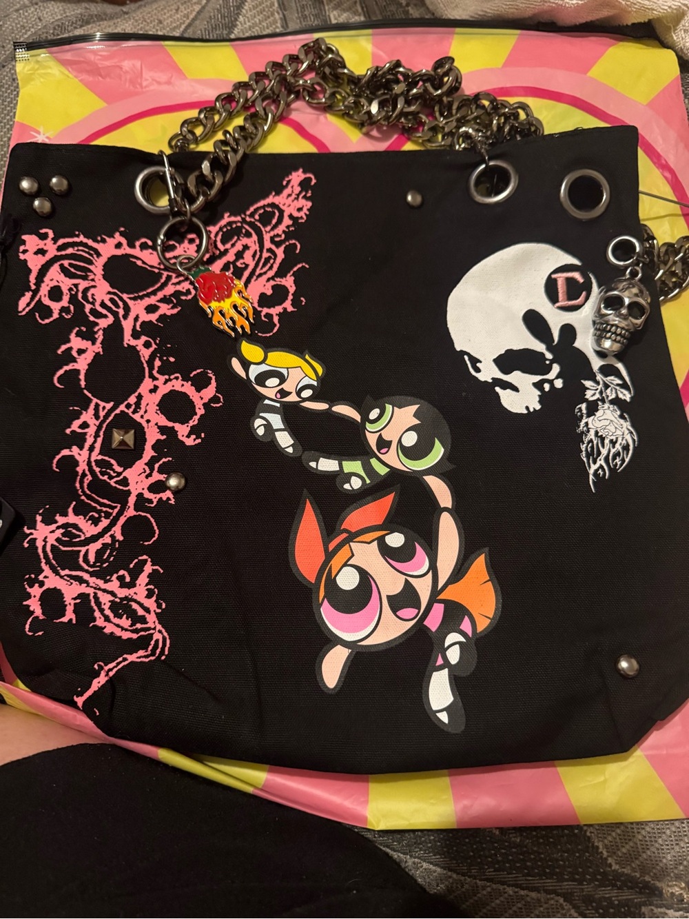 Civil Regime X Powerpuff Girls Graphic Chain Tote Bag with Pink Accents